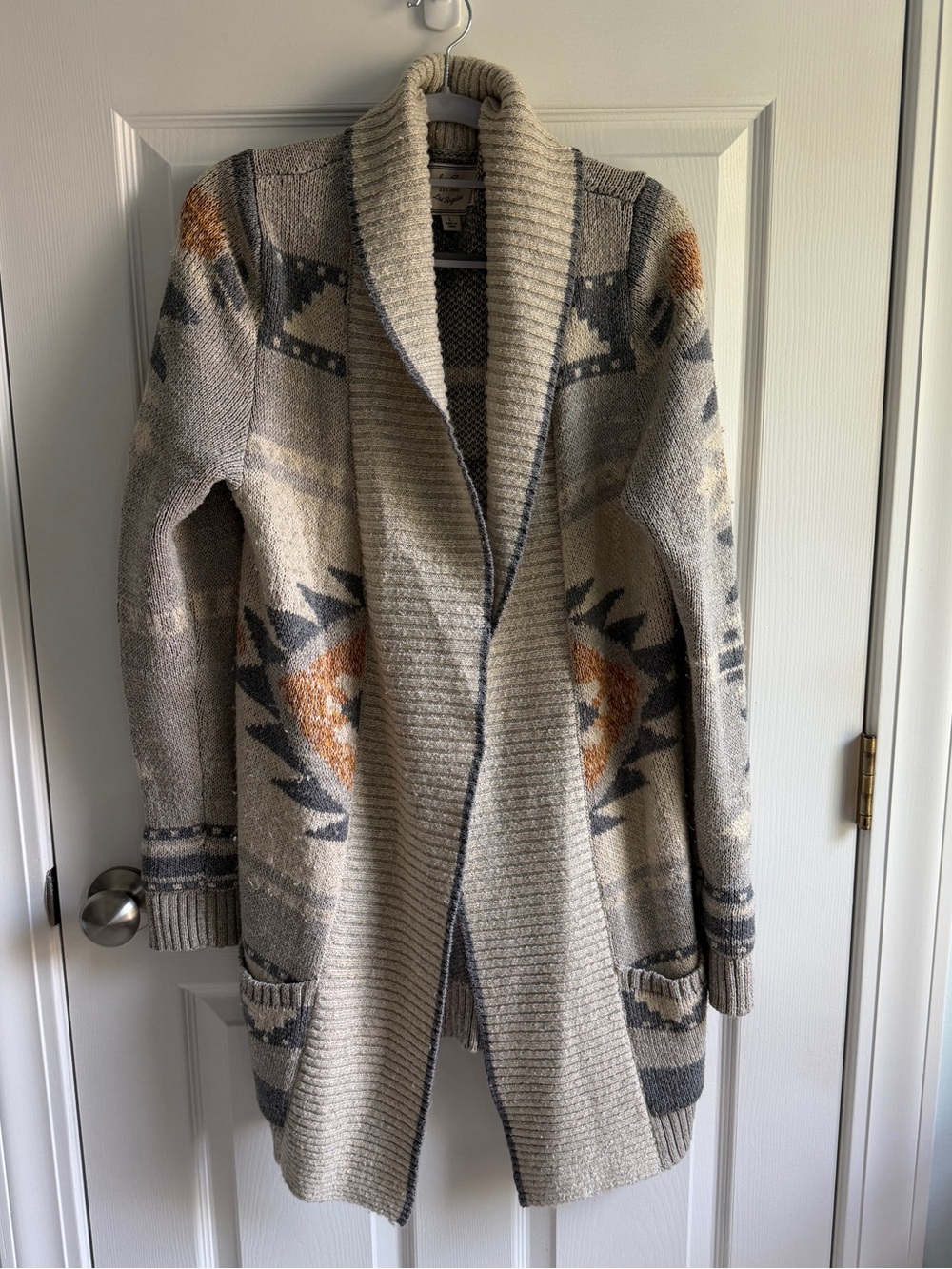 Lucky Brand Beige Aztec Shawl Collar Cardigan with Gray & Rust Accents